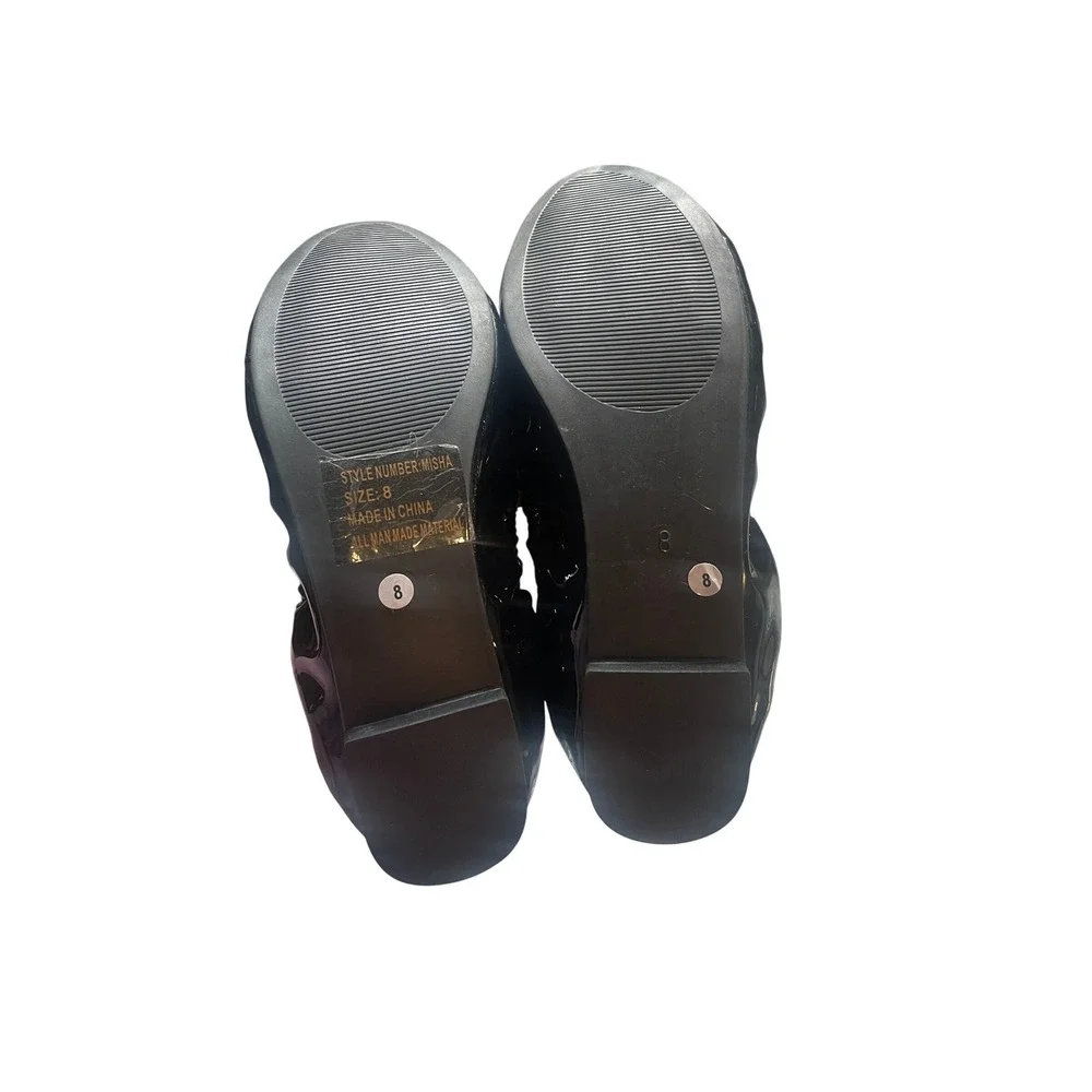Shiny Black Patent Ballet Flats Elastic Bow Shoes Size 8 Misha by Emma New York